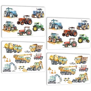 4er Set Traktor Trecker Tischset Platzsets abwaschbar Kinder - Bagger Baustelle Fahrzeugen Kran Platzdeckchen - rutschfest - Wetterfest waschbar Plastik Tischsets aus Kunstleder - DIN A3