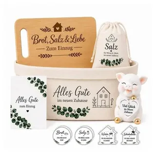 Einzugsgeschenke Wohnung & Haus – Brot und Salz Geschenk zum Einzug | Eukalyptus-Blätter-Set mit Schneidebrett, Brotkorb, Salzbeutel, Keramik-Glüc
