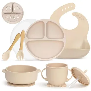 MOJINL Kindergeschirr-Set Silikon Baby Geschirrset Saugnapf 7 teilig BPA frei Esslernbesteck