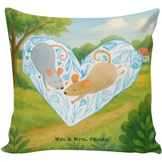 Mr. & Mrs. Panda Dekokissen Mäuse Herz Design, Mikrofaser Kissen, Weiß, Sofa Kissen, Pärchen, für, Dekokissen 40x40 Gemütliches Kissen Hochzeit weiß