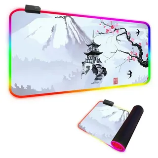 FANSU RGB Gaming Mauspad XXL Groß Multifunktionales Mousepad mit 14 Farben LED-Licht, USB, für Computer PC Laptop Tastatur Professionelle Gamer, Vulkan Fuji (Weiß,800x300x4mm)