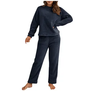 Schlafanzug Pyjama,Damen Winter Warme Fleece Schlafanzug Flauschig Rundhals Sweatshirt Oberteile Einfarbig Plüsche Hose Pyjamas Set,Schlafen Nachtwäsche Zweiteilig mit Taschen,Winter Warm Anzug Set