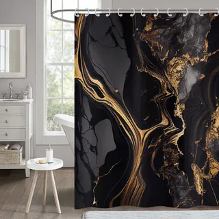 Hnmdmyi Duschvorhang Marmor 200x180, Schwarz und Gold Glitzer Duschvorhänge Abstrakt Riss Tinte Textur Modern Luxus Kunst Badewanne Vorhang Wasserdicht Polyester Stoff Waschbar Badevorhang mit Haken