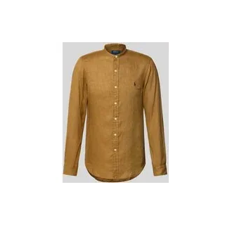 Slim Fit Leinenhemd mit Stehkragen, Dunkelbraun, XXL