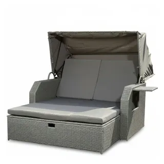 Melko Gartenliege Sonneninsel mit Dach, Hocker und Kissen Polyrattan 145×143×130 cm, Halblieger mit Dach 145x143 cm, 3-teiliges Set bestehend aus 1 × Sonneninsel, 1 × Hocker und Kissen, Kompakte Halblieger mit klappbarem Dach und separatem Hocker grau
