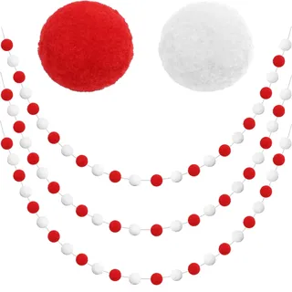 Jishi 3er-Pack Pom Pom Girlande Rot und Weiß Filz Kugel Ornament Girlande Weihnachtsdekorationen, Niedliche Pompon Schnüre für Weihnachtsbaum Dekor, Xmas Holiday Party,18 m lang, 24 Kugeln