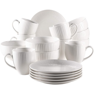 MÄSER Serie Dalia, Frühstücksset für 6 Personen aus Hotelporzellan, 18-teiliges Geschirr Set in zeitlosem Vintage Design, Weiß, Durable Porzellan