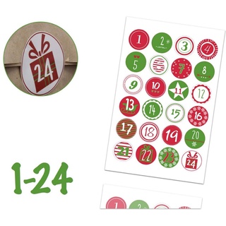 Weihnachtswunder® Sticker 24x Adventskalender Aufkleber Sticker Zahlen 1-24 selbstklebend ED.3, (Set), ø 5 cm