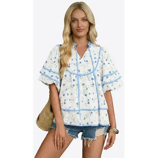 Imily Bela Kurzarmbluse Damen Babydoll Tops mit Blumenmuster (Packung, 1-tlg., 1per-Pack) mit V-Ausschnitt blau XXL(44)