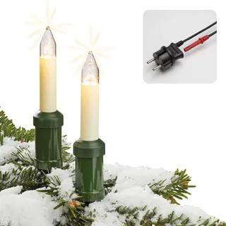 Hellum Weihnachtsbaum Lichterkette aussen Made in Germany, 11,2m beleuchtet, 15 weiße Schaftkerzen, Clip, Weihnachtsbaumbeleuchtung aussen, klar Glühfaden, Kabel schwarz teilbarer Stecker <59lm 845006