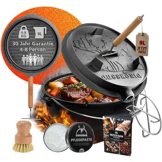 GUSSKÖNIG Dutch Oven 9 Liter Set - Gusstopf, Feuertopf Gusseisen ohne Füßen | Thermometeröffnung, für 4-8 Personen, inkl. Deckelheber, Pflegepaste, Bürste, Untersetzer, Rezeptbuch, 30J Garantie