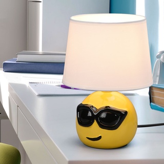 Nachttischlampe Keramik Tischlampe für Schlafzimmer Wohnzimmerlampe Tischlampe Modern, Emoji mit Sonnenbrille gelb, Textil weiß, 1x E14 Fassung, DxH 18x26 cm