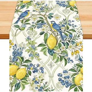 Tischläufer Vintage Zitrone und Vögel Motiv Gelb Sommerliche Zitronen Deko für Esstisch Küche 183x33cm Retro Tischband Dekoration für Drinnen Draußen Urlaub Party Landhausstil Dekostoff