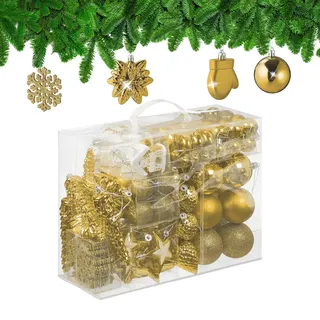 Relaxdays Weihnachtskugeln 100er Set, glitzernd, matt & glänzend, Baumschmuck, Kunststoff, Verschiedene Designs, Gold