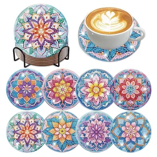 Mafenr Art 8 Stück Diamond Painting Untersetzer mit Halter, Mandala Diamond Painting Erwachsene, DIY Diamant Painting Untersetzer Rutschfest für Anfänger, Erwachsene und Kinder - 4x4Inch/10x10cm