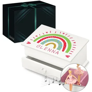 Maverton personalisierte Musik Schmuckdose mit Aufzieh-Spieluhr - Schmuckkästchen Ballerina - Musikspieldose für Mädchen zur Geburt - zum Geburtstag - zu Weihnachten - mit Schublade - Regenbogen