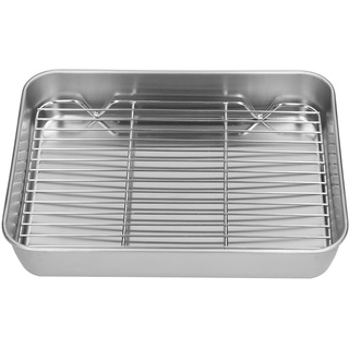 Bratpfanne mit Rosten, Grillpfanne und Grill aus Edelstahl, Rechteckiger Bräter mit Rost Zum Kochen Und Backen(23.5 * 17.5 * 5cm)