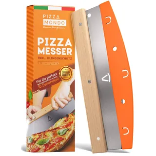 Pizzaschneider - Profi Pizzamesser (Pizza Cutter) effektiver als Pizzaroller - Premium Pizza Wiegemesser aus Edelstahl 32cm mit Holzgriff - Schnelles und gleichmäßiges Schneiden