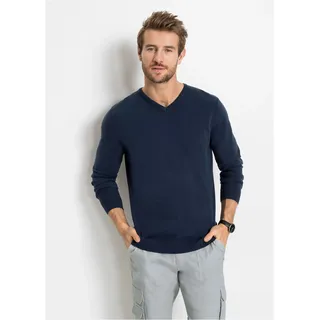 Strickpullover BONPRIX "Feinstrickpullover in Regular Fit", Herren, Gr. 64 (3XL), blau (dunkelblau), Strick, Obermaterial: 70% Baumwolle, 30% Polyamid, unifarben, regular fit hüftlang, V-Ausschnitt, Strickbündchen, Pullover Strickpullover, aus Feinstrickmaterial, mit V-Ausschnitt, Regular Fit