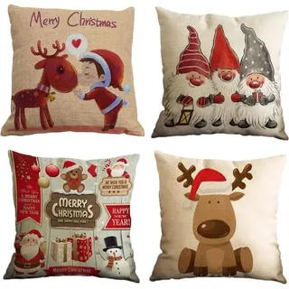 Kissenbezug-set, 4er-set Aus Baumwolle Und Baumwolle, Bedruckt Mit Weihnachtsmotiven Wie Rentier, Weihnachtsmann, Schneemann Und Zwerg, Quadratischer Kissenbezug Für Bett, Auto, Zuhause, Sofa, 45 X 45