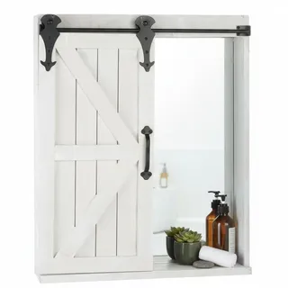 Melko Wandschrank Spiegelschrank Bad Hängeschrank mit Schiebetür Holz Weiß | Wandregal mit Ablage für Kosmetik und Pflegeprodukte, auch für Flur und Schlafzimmer, Landhaus-Look mit Metallgriff