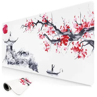 Niviy Gaming Mauspad Japanische Sakura Weiß XXL 900 x 400mm Große Mousepad Schreibtischunterlage rutschfeste Wasserdicht Gummi Mäusepads Genähte Kanten für Tastatur,PC Maus und Laptop