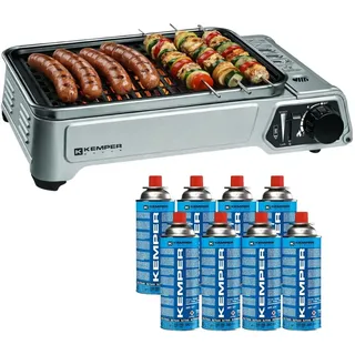 Kemper - Tragbarer Gasgrill, 1900 W, Grillrost mit Antihaftbeschichtung + 8 Butangaskartuschen – kleiner Gasgrill, ideal für Camping, Terrasse, Außenbereich