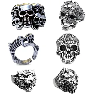 VEOIRXU 6 Stücks Ring Herren Totenkopf Tier Löwenkopf Ring Edelstahl Siegelring Herren Ringe Biker Herren Schädelkopfring Punk Felsen-Piratenschädelring Karneval Halloween Deko Geschenk