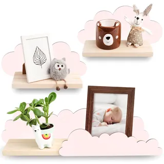 Outentin Wandregal Wolke aus Holz – 3er Set Kinderregal für Kinderzimmer & Babyzimmer – Handgefertigtes Holzregal aus Kiefer – Wandaufbewahrung & Deko für Spielzimmer, Bücher & Spielzeug - Rosa
