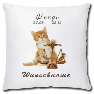 TRIOSK Kissen Katzenmotiv mit Namen personalisiert Sternzeichen Waage Dekokissen Katze lustig Geschenk für Katzenliebhaber Frauen Mädchen Kinder 40x40 Weiß Beige
