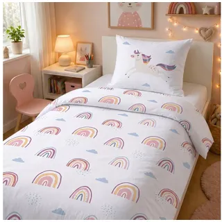LINKHOFF Kinderbettwäsche Einhorn Bettwäsche 135x200 – 100% Baumwolle Mädchenbettwäsche, Unicorn Kinderbettwäsche 135x200 Regenbogen – Reißverschluss
