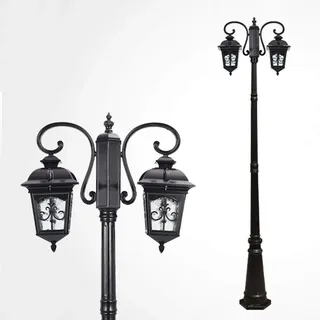 Serin-Eletro Schwarz Straßenlaterne 2-Flammig Wegeleuchten Aluguss und Glas Kandelaber Hoflampe Garten-Laterne Vintage E27 Außenleuchte 230CM Rasen-Lampe