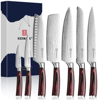 KEEMAKE 7-teiliges Messerset scharf Profi Küchenmesser Set Japan-Stil Kochmesser Edelstahl ohne Block Pakkaholz-Griff Allzweckmesser Brotmesser Fleischmesser Nakiri Santoku für Küche & Grill