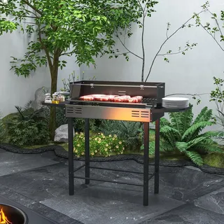 Holzkohlegrill 2-in-1 mit Drehspieß & Grillrost, höhenverstellbar, Campinggrill Edelstahl, Schwarz | 118×32×90 cm | 3-stufig | klappbare Ablagen - Schwarz