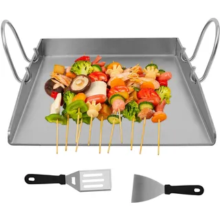 CHFUNE Grillplatte Edelstahl, 4.4 x 40 x 30 cm Plancha Grillplatte mit Abnehmbarem Griff, 2 Grillspateln Geschlossene Ecken ohne Auslaufen Professionelle Grillplatten