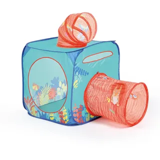 LUDI – Explorer Pop-Up Würfel – Kinderzelt mit geradem Tunnel und gebogenem Tunnel – Faltbare Spielstruktur mit Transporttasche – 80 x 80 cm – Ab 2 Jahren