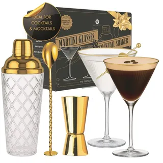 Vemacity Cocktail Set– Glas Cocktail Shaker (500ml) + 2 Espresso Martini Gläser mit Goldrand, Bar Spoon & Jigger | Barkeeper-Set | Cocktailgläser + Cocktailshaker | Ideal zum Verschenken