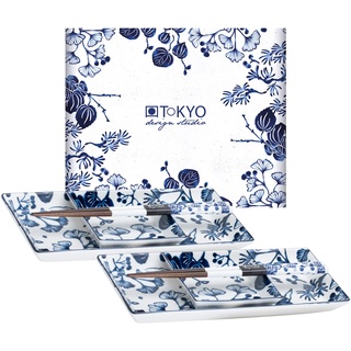TOKYO design studio Flora Japonica Sushi-Set blau-weiß, 6-TLG., 2X Sushi-Platten, 2X Saucenschalen, 2X Essstäbchen, asiatisches Porzellan, Japanisches Design, inkl. Geschenk-Verpackung