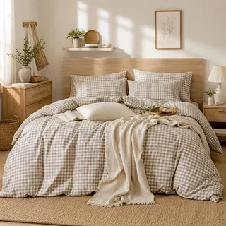 Lanqinglv Bettwäsche 135x200 Baumwolle Kariert Beige Weiß,Gittermuster | Oeko-TEX,Renforce Baumwolle,für Allergiker,Aesthetic Wendebettwäsche Bettbezug mit Reißverschluss und 1 Kissenbezug 80x80 cm
