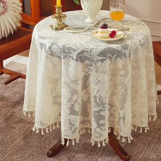 Lsimeru Boho Spitzen Tischdecke Runde 150cm mit Blumen Vogel Muster, Tischdecke Vintage Blumen Spitze,Retro Spitzentischdecke Rund für Hochzeit Party Bankett