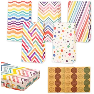 Papiertüten, 25 Stück Geschenktüten Papier Bunt mit 32 Aufkleber,Geschenktüten Kindergeburtstage mit Aufkleber, Candy Tüten zum Mitgebsel Kindergeburtstag Mädchen, Giveaways, Hochzeit