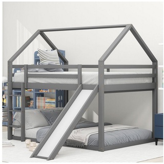 Celya Kinderbett Doppelbett Hausbett Etagenbett 140x200cm mit Rutsche und Leiter, Kinderzimmer Hoch-Doppel-Stockbett grau