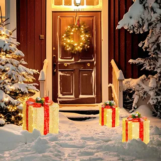 Outsunny Weihnachtsfigur Geschenkboxen 58 Warmweiße LEDs Stahlrahmen 3-teilig Gold