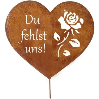 LB H&F Lilienburg Dekofigur Grabdeko Grabschmuck Herz Rost Rostherz Deko Dekofigur (Grabtafel Dekoration Geschenk Grab Trauerschmuck Trauerdeko pflegeleicht Beerdigung Rose Grabrose Stecker Geschenk mitbringen Grabgesteck Hund Katze Ostern Gartendeko modern Trauergeschenk Mutter Friedhof Allerheiligen wetterfest Figur DU FEHLST UNS Spruch Urnengrab Tiergrab, Rostdeko Roststecker Frühling Sommer Herbst Winter Gedenkfigur), Grabstecker Grabfigur Papa Mama Vater GRABHERZ ROSE braun