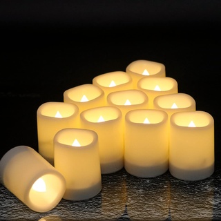 DRomance Outdoor Wasserdichte flammenlose Votivkerzen mit Timer, batteriebetriebenes LED-Teelicht flackernde Kerzen, warmes Licht, Set mit 12 Hochzeitsfeier-Dekoration, Kunststoffkerzen (3,8 x 5,1 cm)