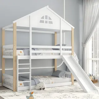 Etagenbett Kinderbett 90x200 und 140x200, Hochbett mit Rutsche und Stufen, Mehrere Regale, Bettgestell mit Lattenrost(ohne Matratze), Weiß