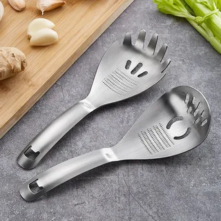 Kochlöffel Edelstahl mit Reibeteller, 5 in 1 Multifunktionaler Kochlöffel mit Abflussloch, Küche Zubehör Reibeteller Schaumlöffel, als Kartoffelstampfe Eiertrenner Flaschenöffner Rührlöffel (A+B)