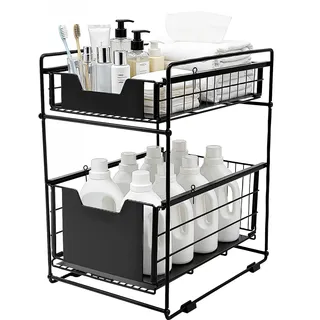 LUNICASHA 2 Etagen Küchenregal, Metall Gewürzständer mit 2 Schrankauszug, Gewürzregal Stehend mit 2 Etagen, Küchenschrank Organizer Ausziehbar, Gewürzflaschenhalter für Küche Schrank Bathroom, Schwarz
