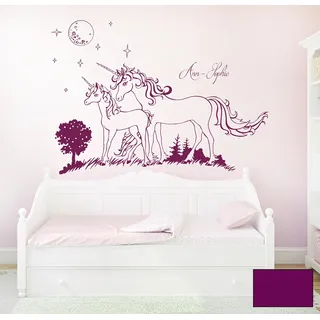 Wandtattoo Wandaufkleber Einhorn Einhörner Sterne mit Namen Wunschname M1600 - ausgewählte Farbe: *Lila* - ausgewählte Größe: M - 100cm breit x 70cm hoch