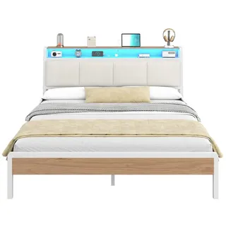 KIMENICH Polsterbett mit RGB-LED-Beleuchtung und Ladestation, Plattformbett Doppelbett (Ohne Matratze), Offenes Kopfteilfach mit Steckdosen, 105° Neigung, 140x200cm weiß 141 cm x 224 cm x 98 cm